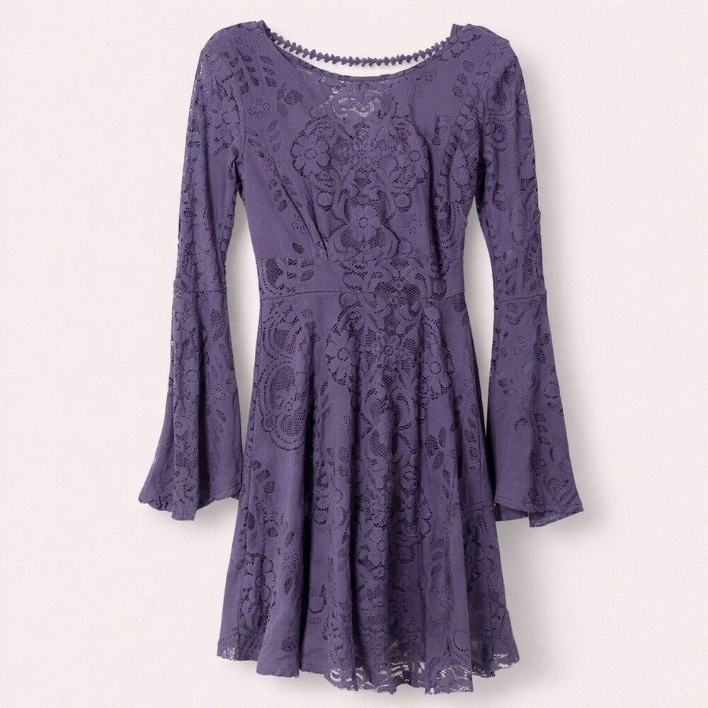 Purple Lace Cosplay Mini Dress Bell Sleeve Whimsi Witchy Gothic Fairy Y2K  XS